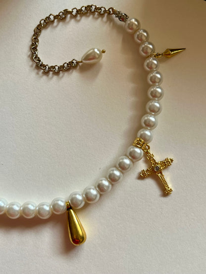 Golden Pearl Cross Charm Necklace