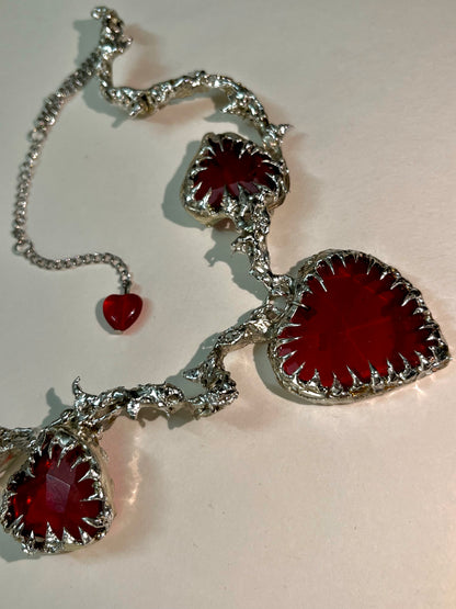 Triple Red Heart Spike Necklace