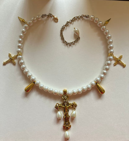 Golden Pearl Cross Charm Necklace