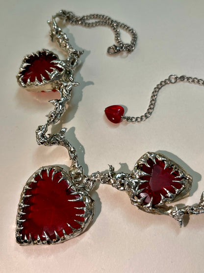 Triple Red Heart Spike Necklace