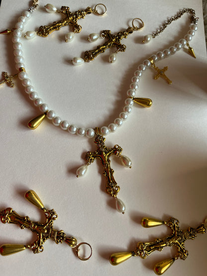 Golden Pearl Cross Charm Necklace