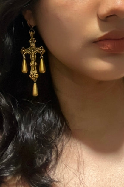 Golden Drop Cross Earrings