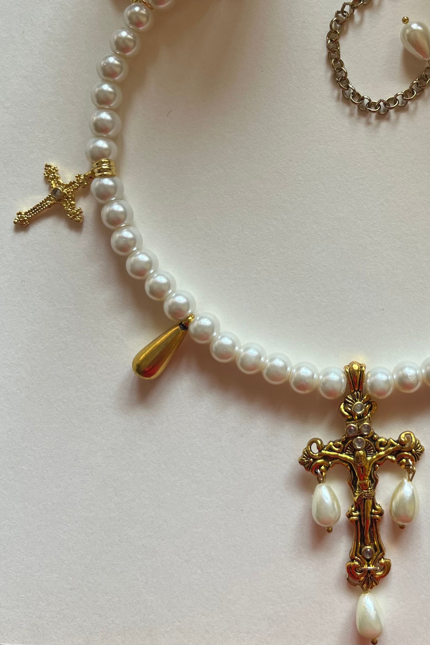 Golden Pearl Cross Charm Necklace