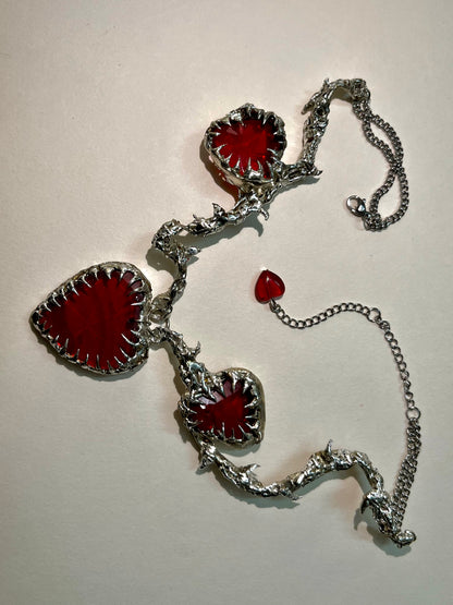 Triple Red Heart Spike Necklace