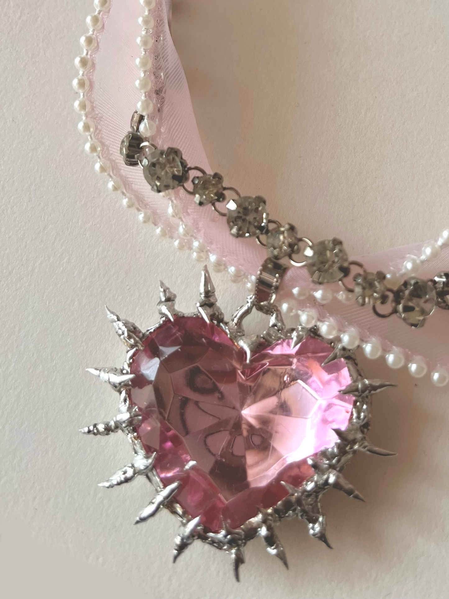 Chunky Pink Heart Ribbon Necklace