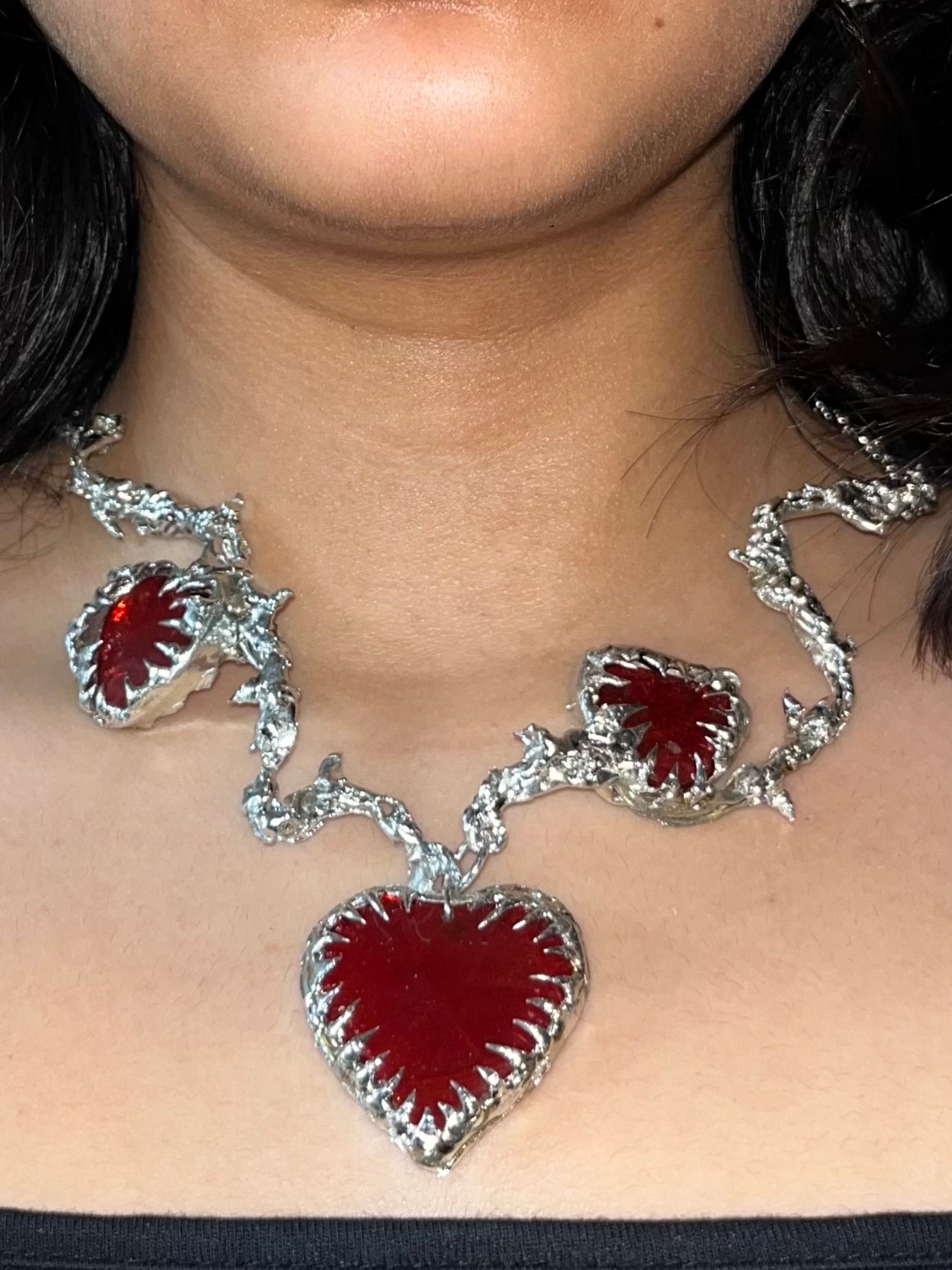 Triple Red Heart Spike Necklace