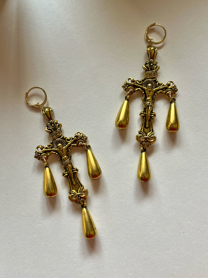 Golden Drop Cross Earrings