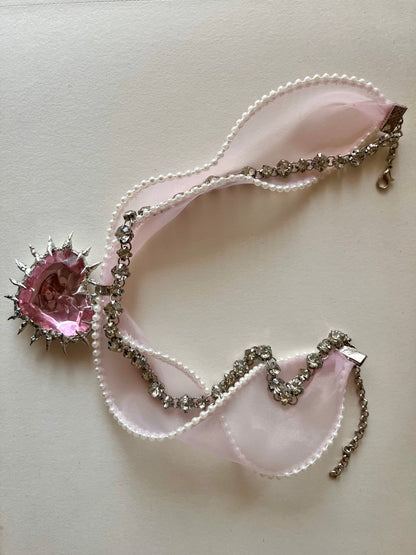 Chunky Pink Heart Ribbon Necklace