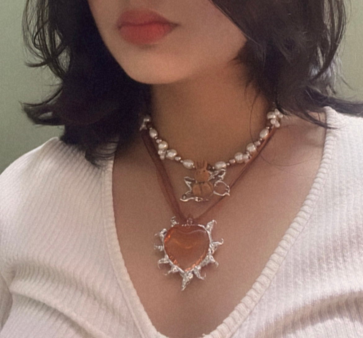 Double Layer Peach Rabbit Necklace