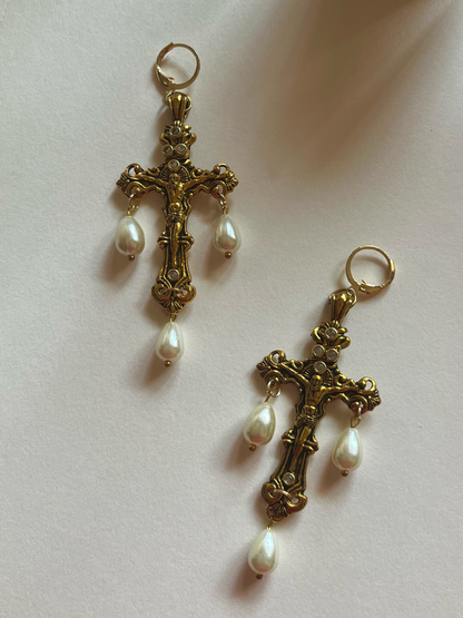 Pearl Drop Cross Earrings