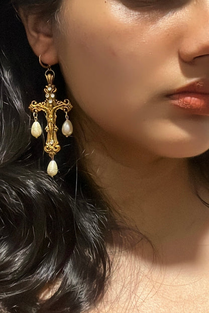 Pearl Drop Cross Earrings